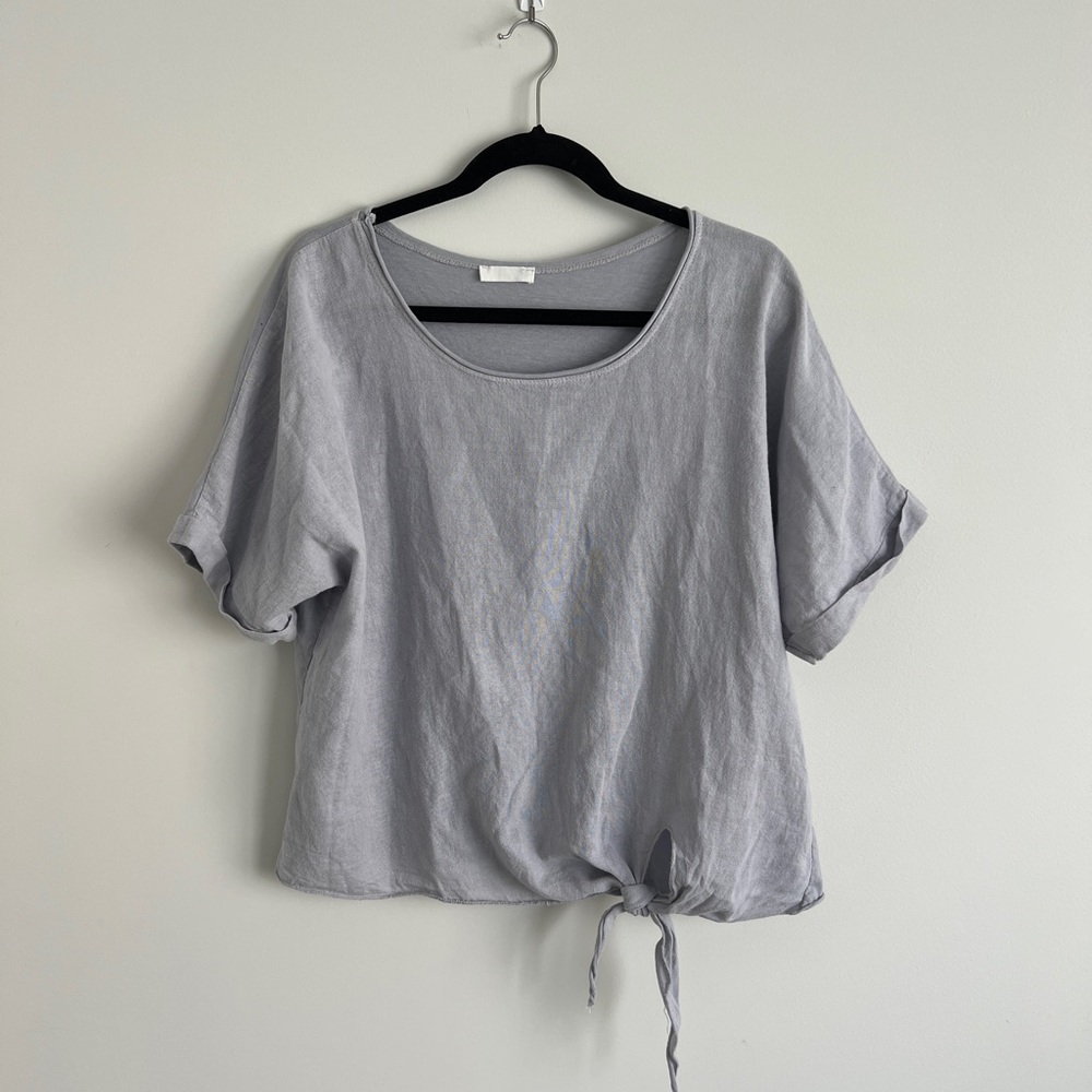 Italian Linen in front and cotton in back Lavender Gray Boxy tie front Top S/M